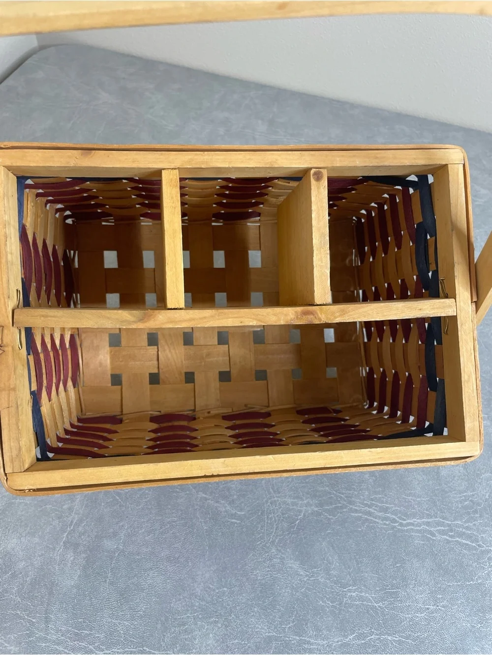 Wooden American Flag Woven Picnic Caddy Basket - Patriotic Red, Blue & Natural